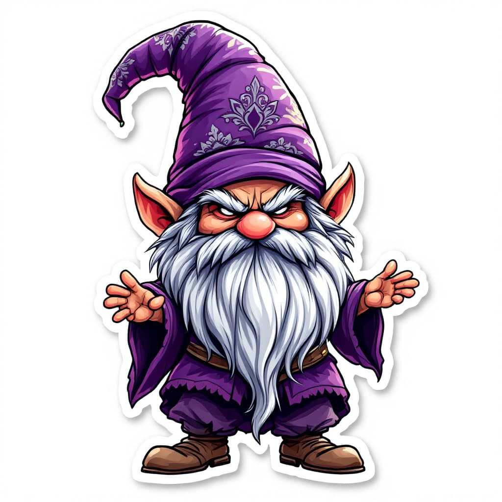 AI generated: A highly detailed full-body cartoon sticker of a whimsical gnome character. The gnome is wearing a v...