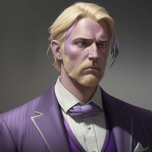 AI generated: 8k a middle aged country man with blonde hair with one arm wearing purple and white suit with a purp...
