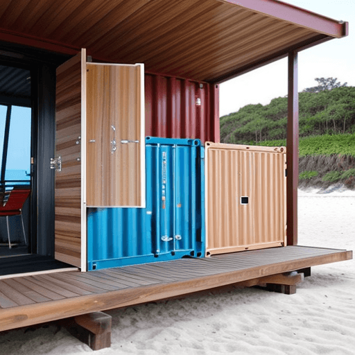 AI generated: a rstourant at a beach,modern,created by containers,incoorporate wood,creative,beatiful,