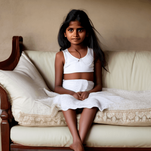AI generated: image of a young indian girl, sitting on a sofa, legs slightly open, white underwear
