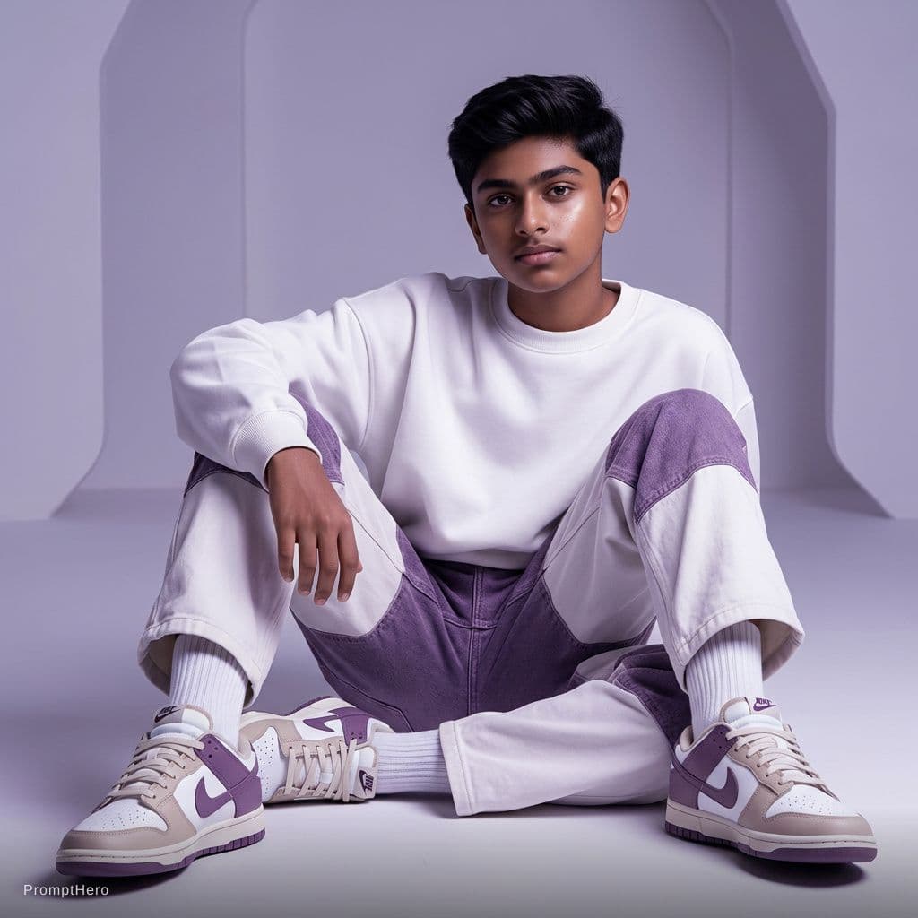 AI generated: Oversized white sweatshirt, white purple oversized combat jean, styled with footwear: white purple n...