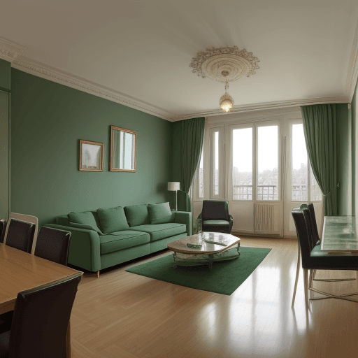 AI generated: panoramic apartment in classic style in green color