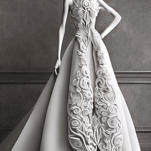 AI generated: Craft a high-fashion wedding dress seamlessly merging the elegance of Chantilly, with the contempora...