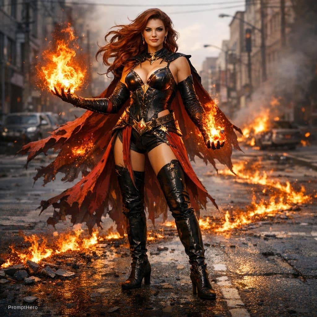 AI generated: A stunningly beautiful woman shooting fireballs and wielding the power of fire has completed her mis...