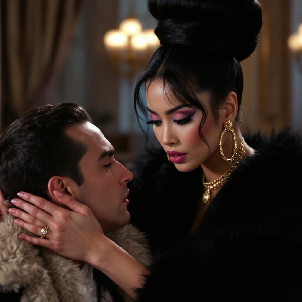 AI generated: 1990s USA soap opera, young domineering Asian mistress looking down and talking sternly to someone i...