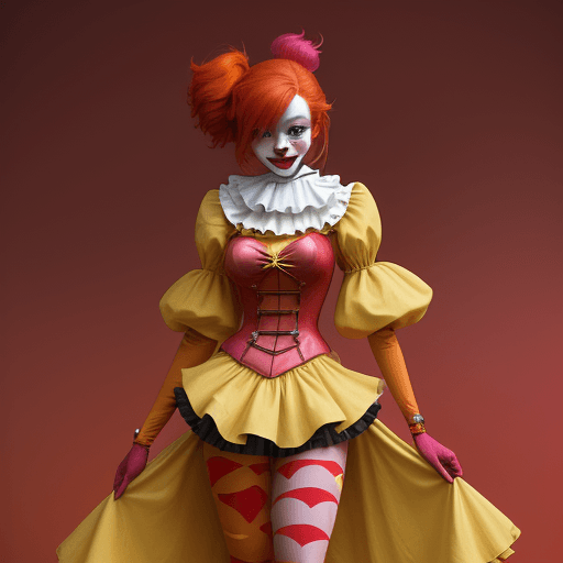 AI generated: a woman dressed as a clown with red hair, in the style of magical girl, colorful moebius, light yell...