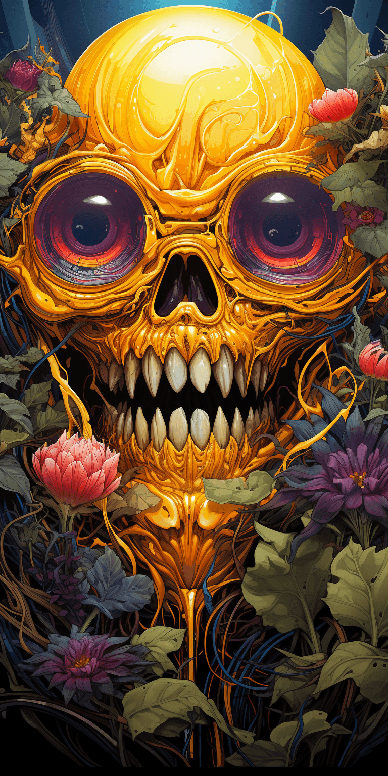 AI generated: a skull in the jungle with colorful flowers, in the style of realistic and hyper-detailed renderings...