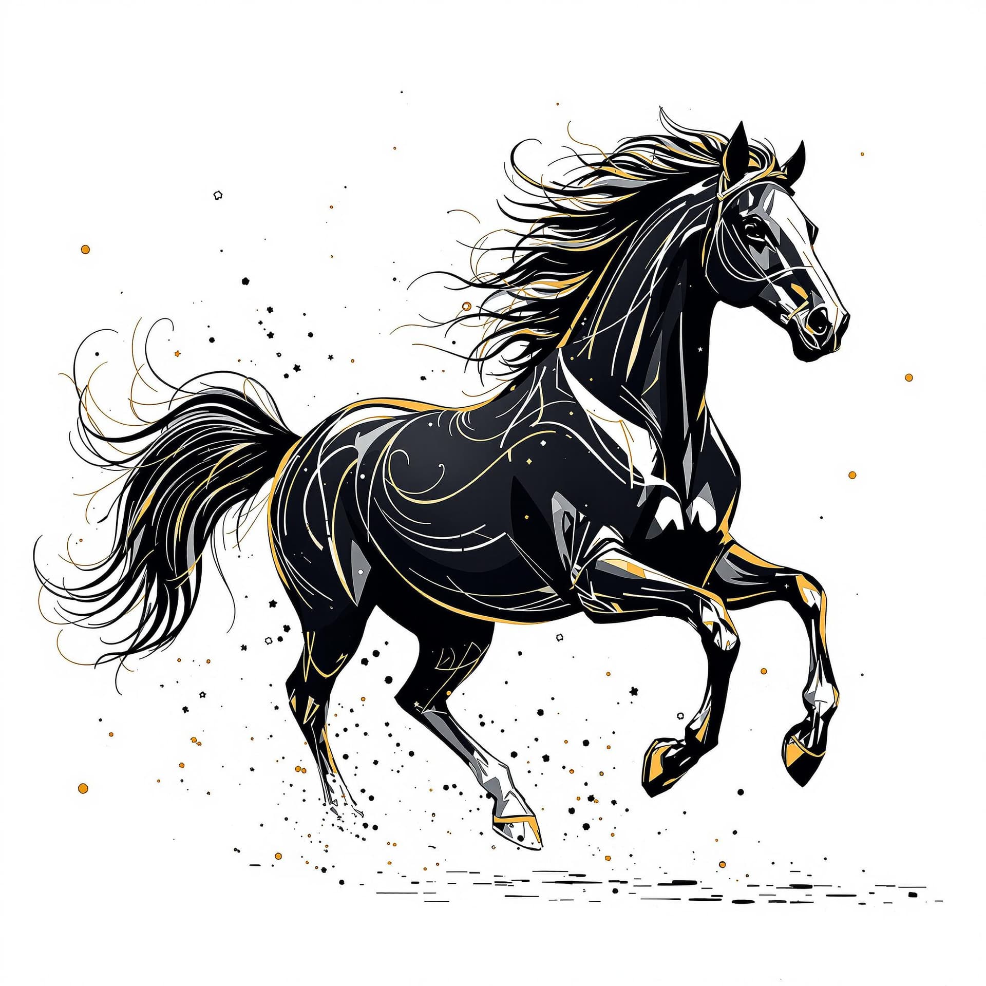AI generated: A fine art illustration, a galloping horse, energetic motion, elegant lines, modern decorative art