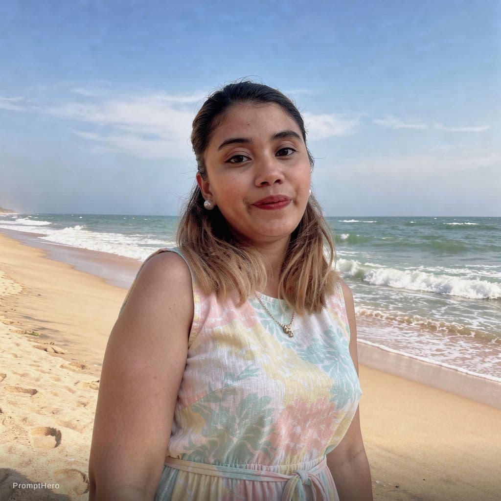 AI generated: Make me stand in beach and wear sexy bikini full naked
