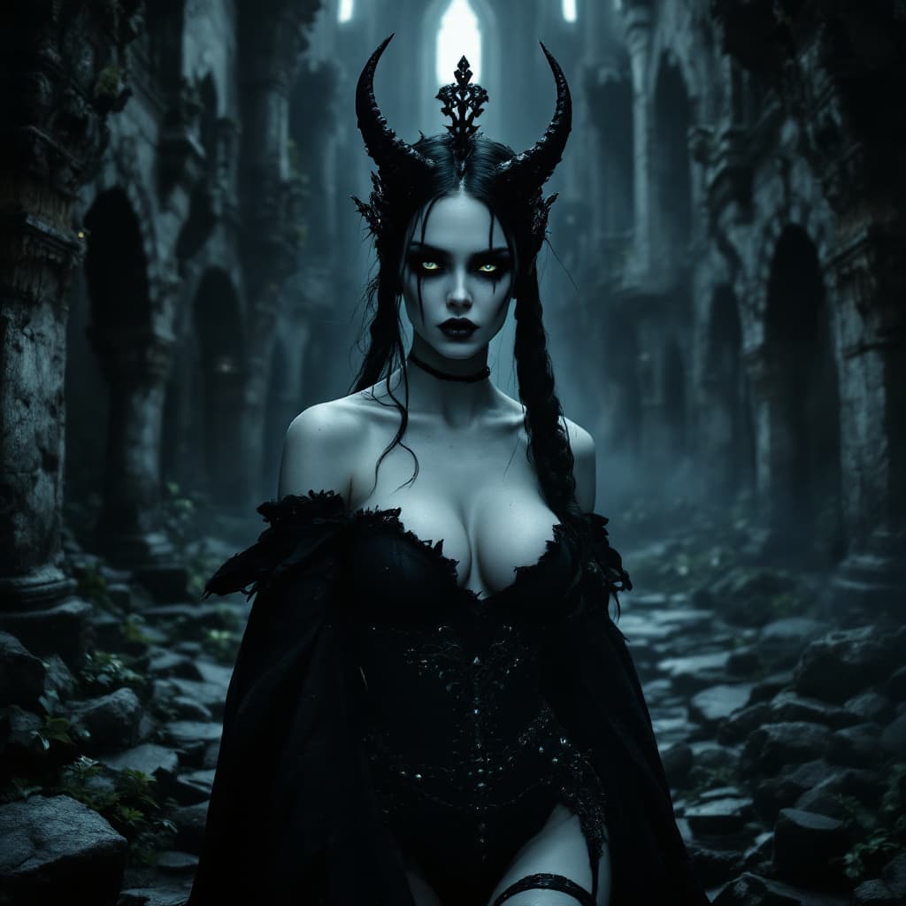 AI generated: a girl,masterpiece, glamourous photography of the Queen of the Underworld , pale skin, heavy dark ey...