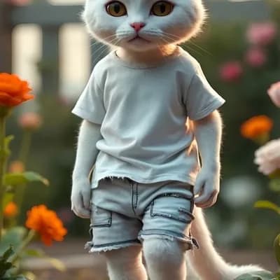 AI generated video: Cat walking forward in a garden, sad, unhappy 