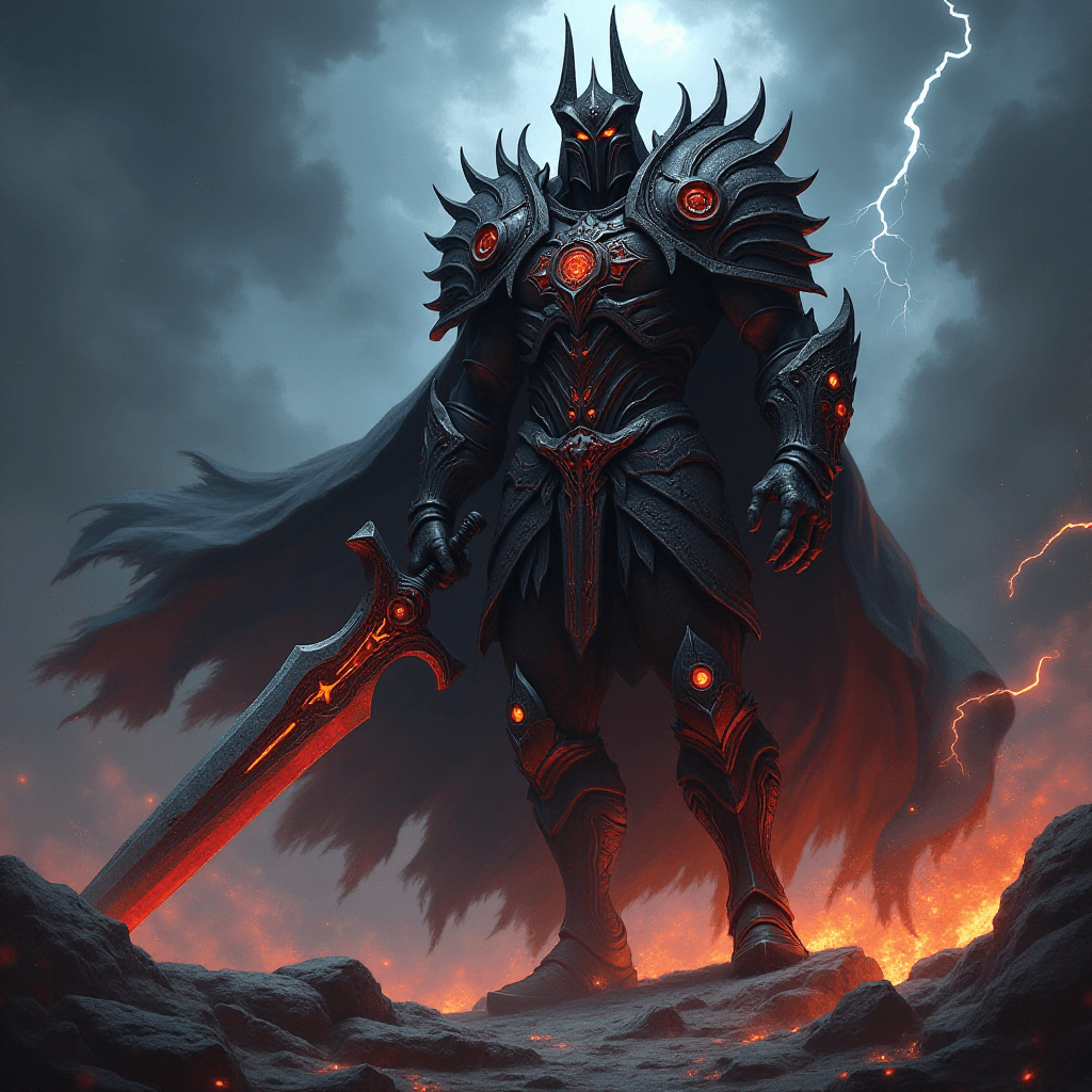 AI generated: A powerful fantasy warrior character with a unique and striking design. The character is a towering ...