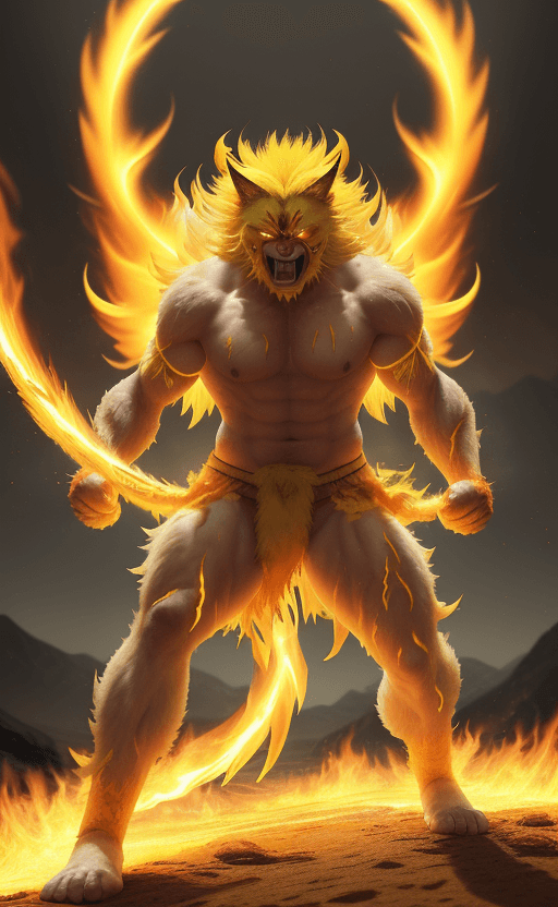 AI generated: Bright, golden-yellow aura , Long fur stood up like the flames of a white cat warrior, fighting at w...