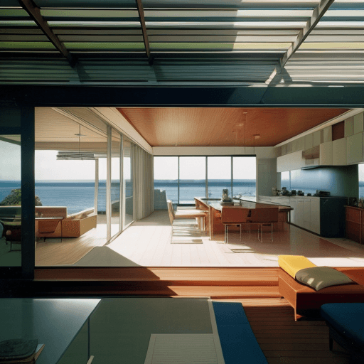 AI generated: Hyper realistic eye level exterior photo of a mid century modern style house overlooking the ocean, ...