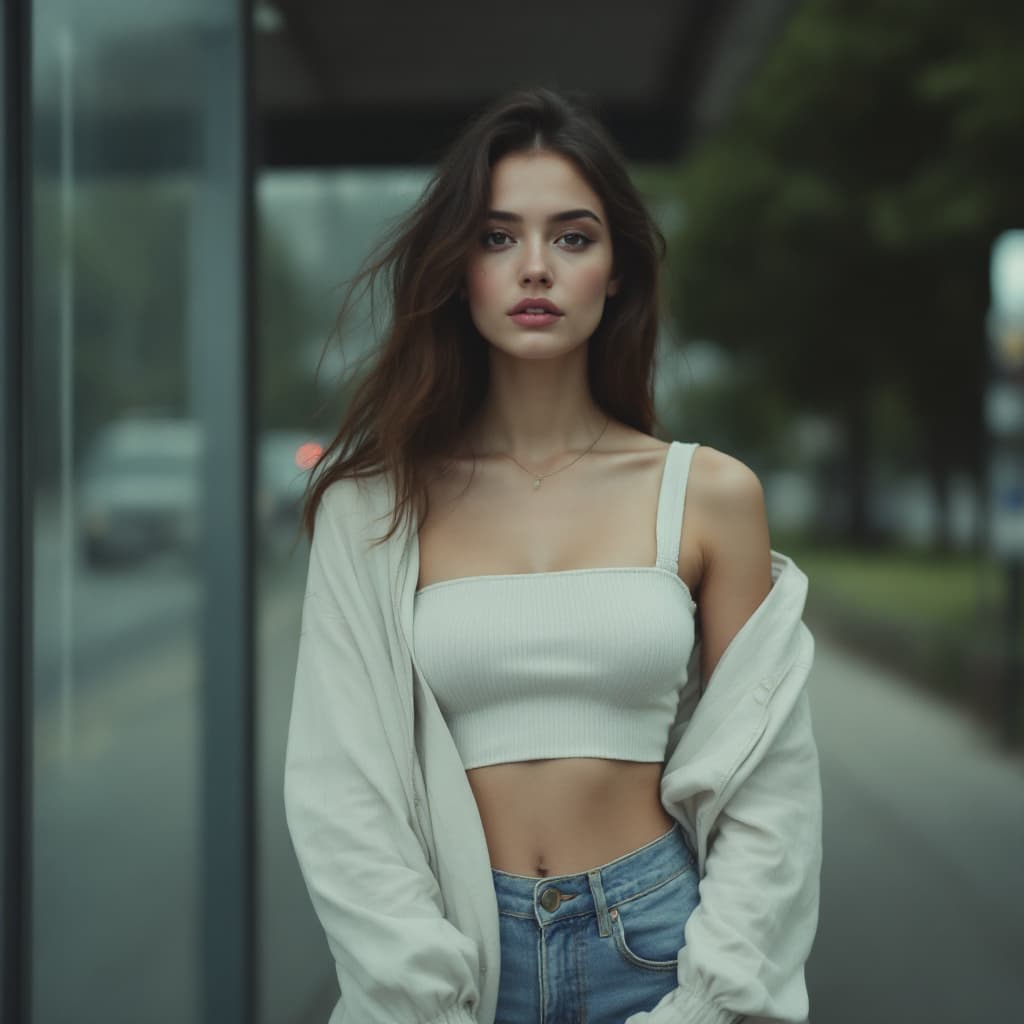 AI generated: a woman wearing a cropped top and jeans standing in front of the bus stop, in the style of Oleg Opri...