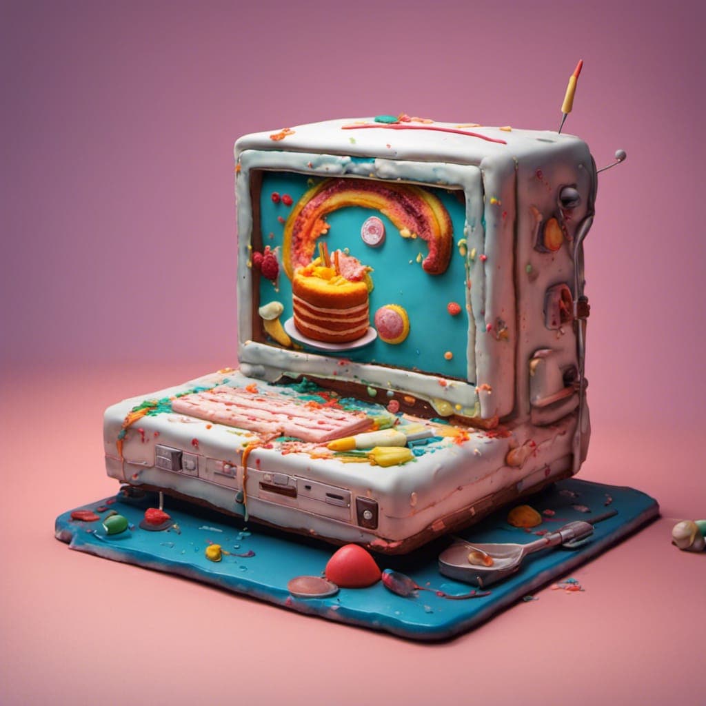 AI generated: a cake that looks like a common household object, computer cake, computer shaped cake, just like the...
