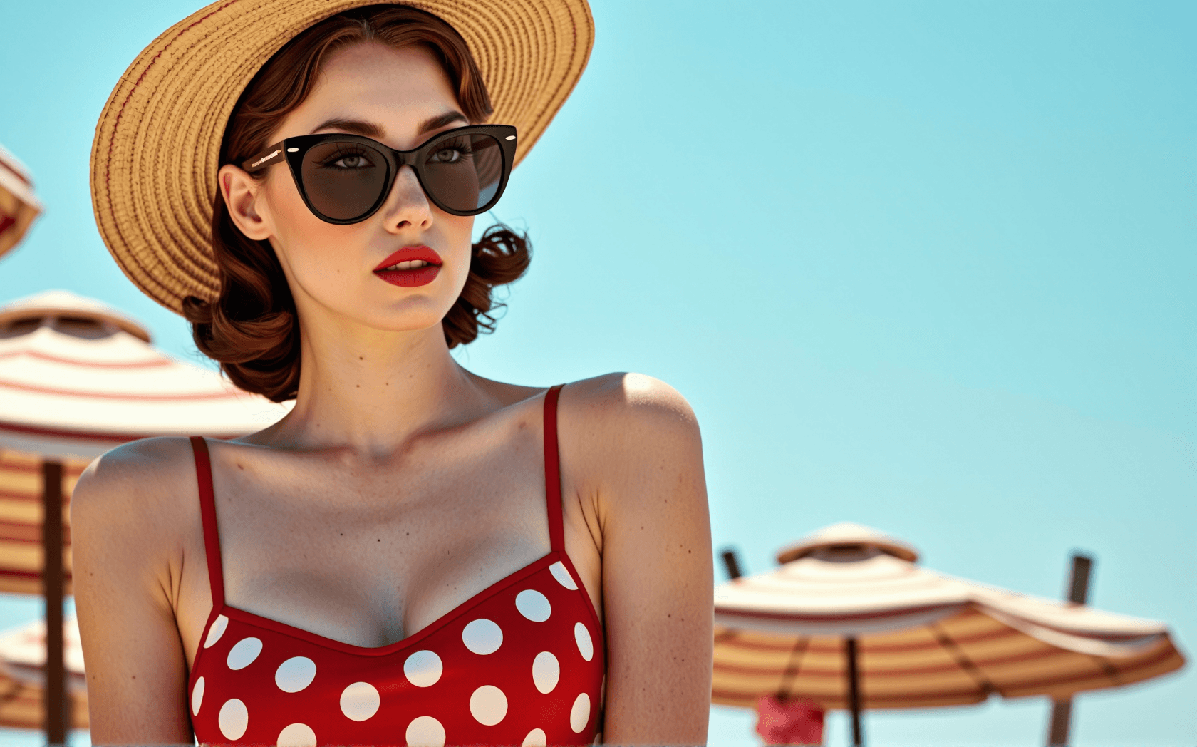 AI generated: Elegant woman at sunny beach wearing a classic red and white polka dot vintage swimsuit with thin sp...