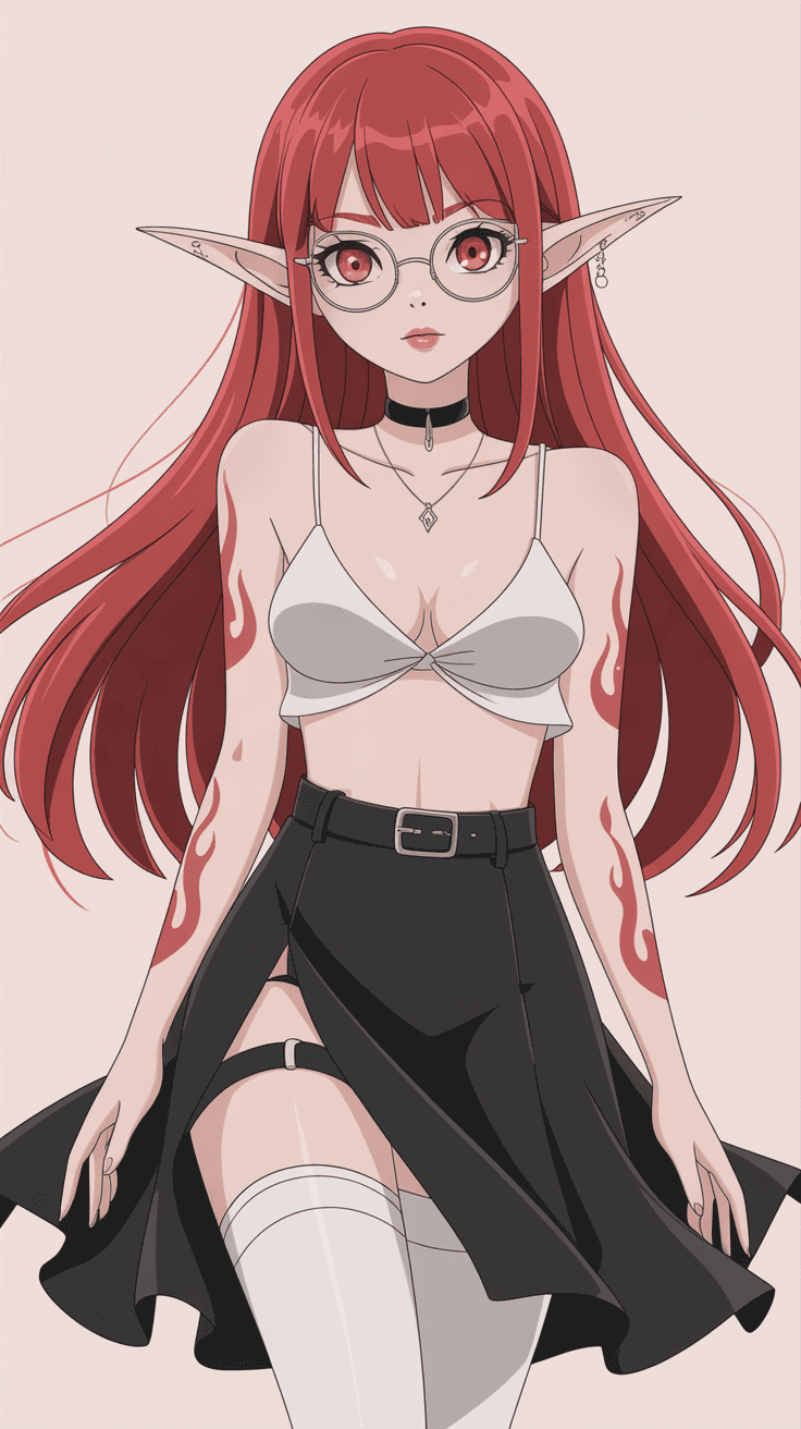 AI generated: Anime, elf, high quality, red long hair, thin glasses black split skirt, white thigh highs, red flam...