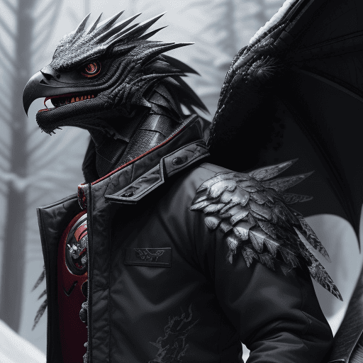 AI generated: handsome cute black dragon in snowy forest, wearing cyberpunk iron man jacket silver dark, dnd chara...