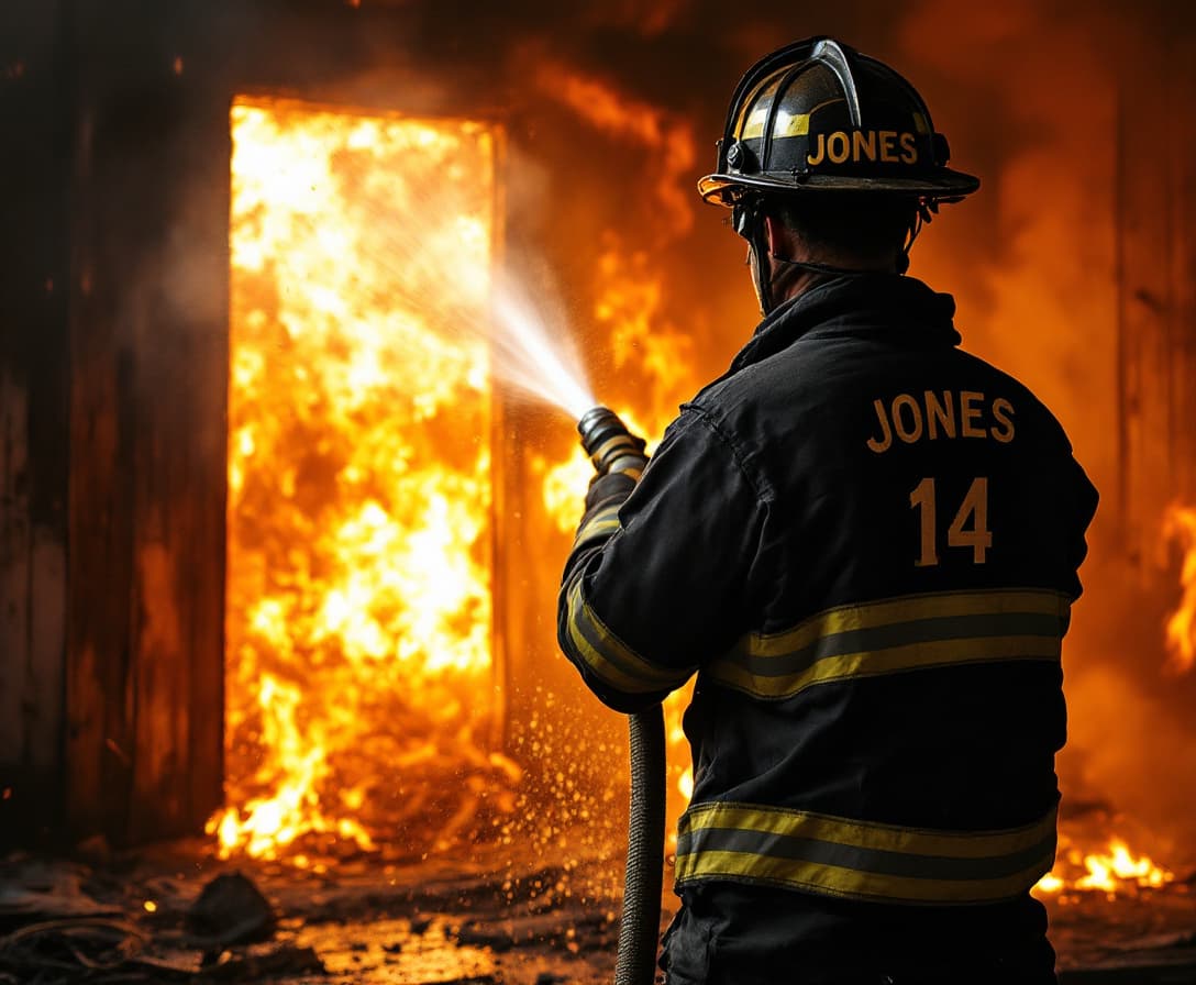 AI generated: inside a burning house, flames engulf the walls and ceiling in the foreground. from the back, 1 male...