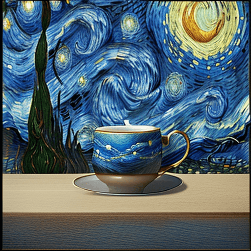 AI generated: cup of tea, on a table in the style of Van Gogh's Starry Night. --ar 45:56 --s 250
