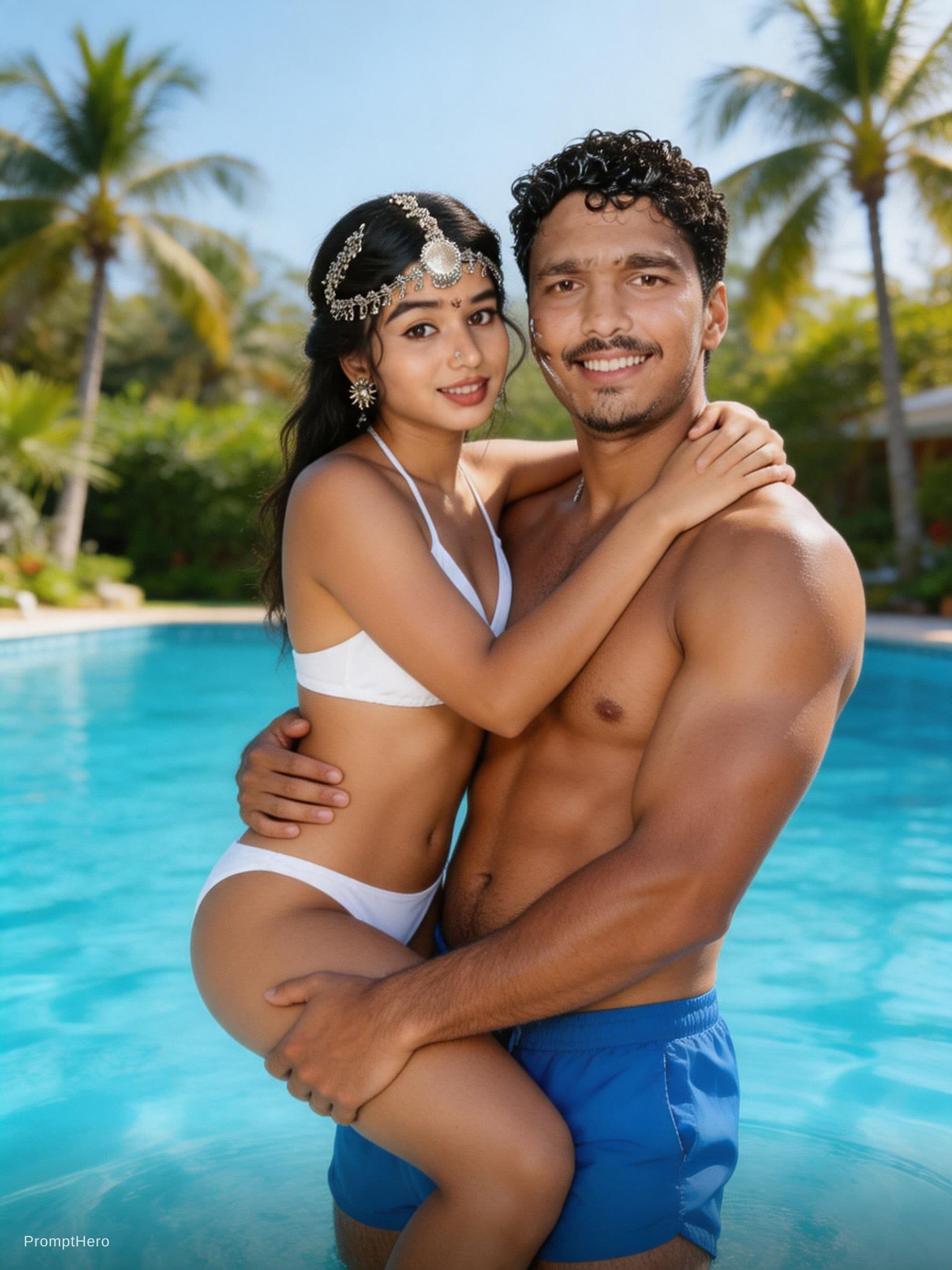 AI generated: "A realistic image of a happy couple by a luxurious swimming pool. A muscular man in blue swim trunk...