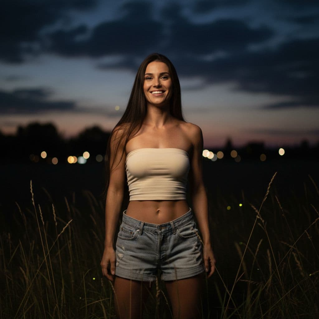 AI generated: A woman stands alone in an overgrown grass field on a late night, surrounded by darkness that only a...