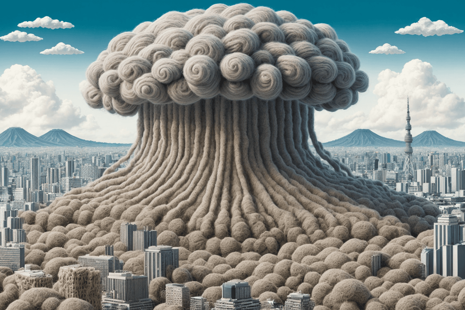 AI generated: Hairy Planet, curly trees, knitted clouds, wooly Tokyo landscape