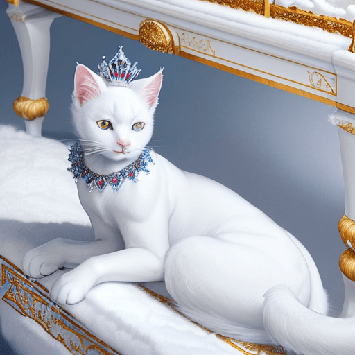 AI generated: Award winning, realistic detailed color photo of a white cat with blue ruby jewels, an exquisite fel...