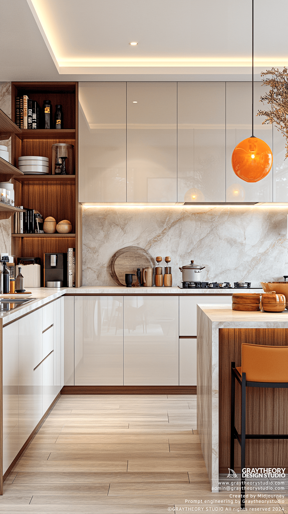 AI generated: modern kitchen, sleek eggshell light beige finishes, with a beige and wood, white marble, EF 24mm f/...