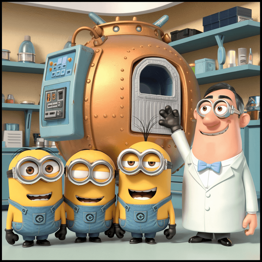 AI generated: A picture of the Minions and Professor Gadget's standing next to the time machine and being happy Mi...