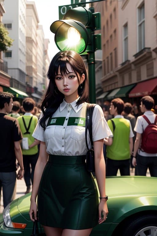 AI generated: green traffic light, crowd of people