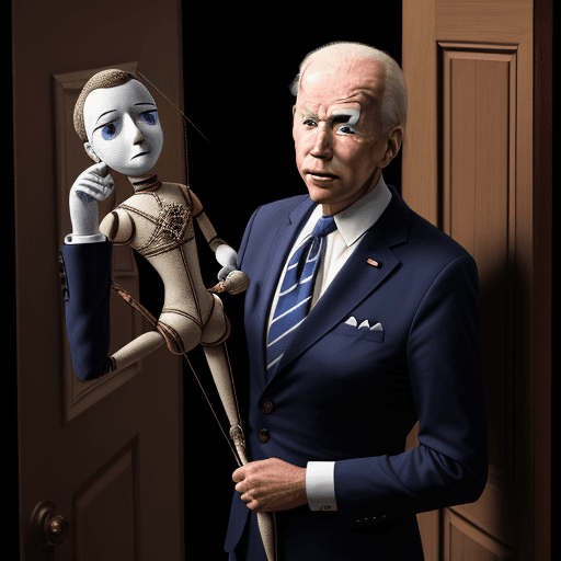 AI generated: Biden as a marionette with strings leaving through the door;  High Resolution 8k, intricate detail,