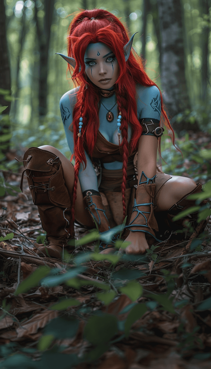 AI generated: Photo of a gorgeous blue female night elf with red hair wearing a brown leather skirt and teal skin,...