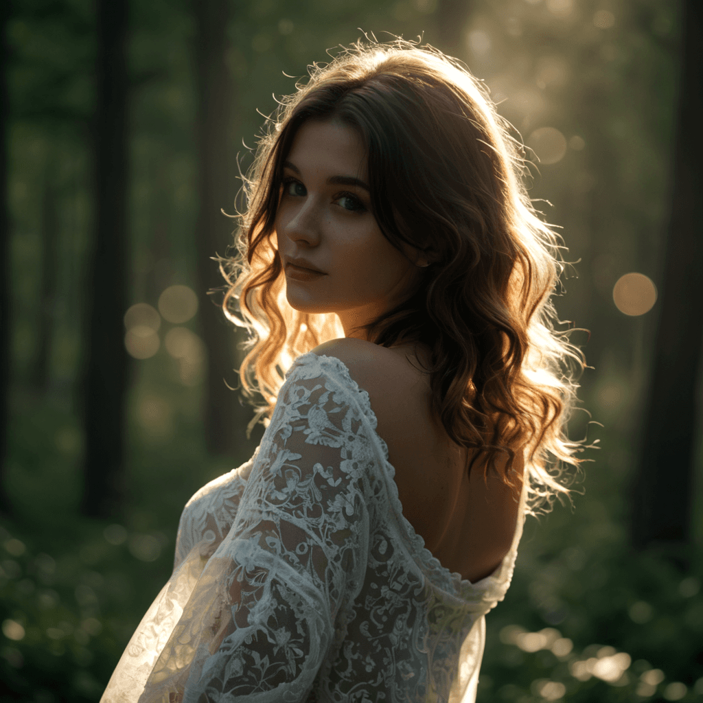 AI generated: (((swirly bokeh)) backlit foggy, godrays coming through the trees behind her, at a lower angle, like...