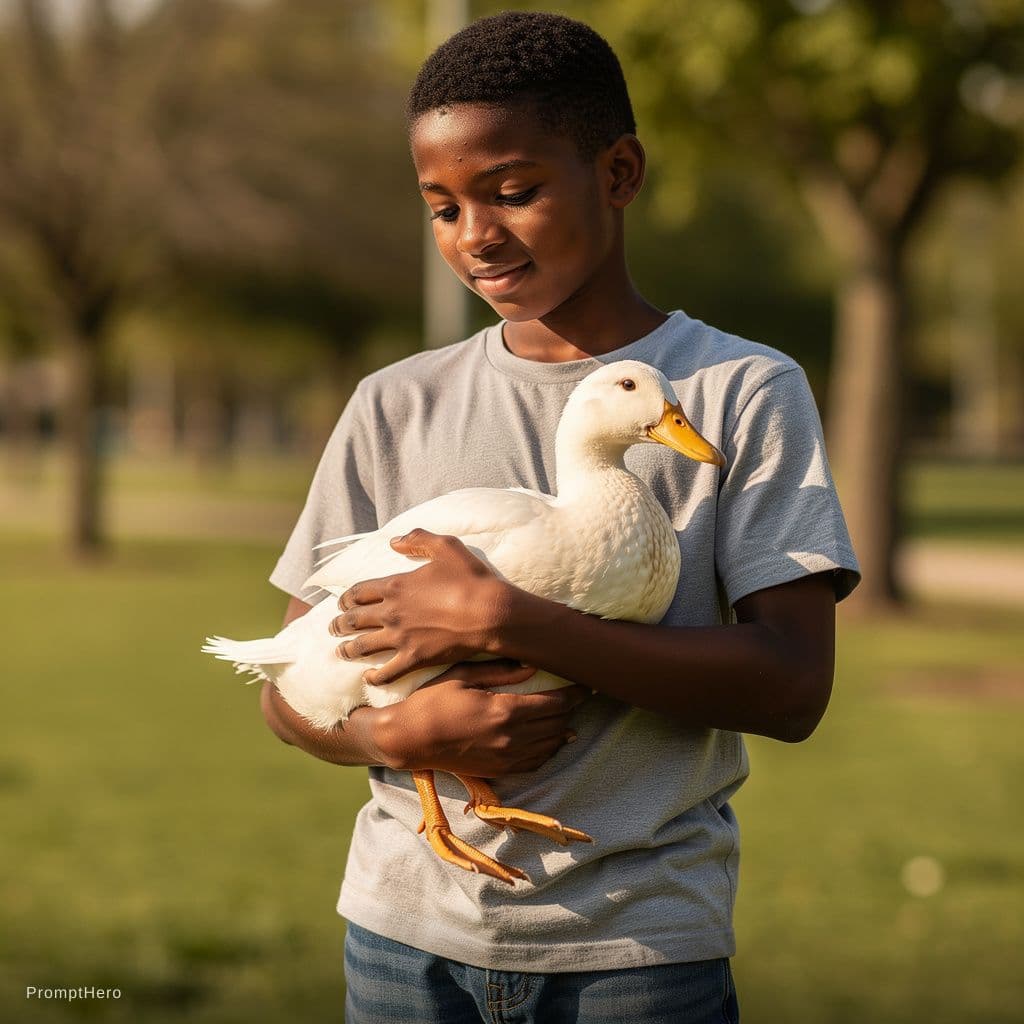 AI generated: Black teen taking white duck
