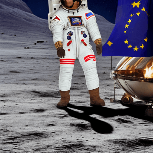 AI generated: 
Cosmonaut in a spacesuit, sitting on the moon by a fire, holding a bottle of whiskey in his hand, t...