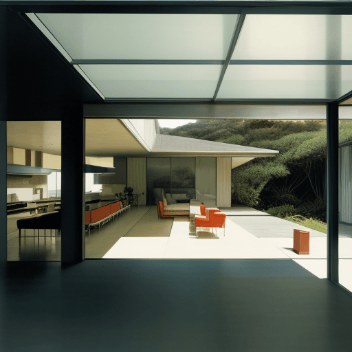 AI generated: Hyper realistic eye level exterior photo of a mid century modern style house overlooking the ocean, ...