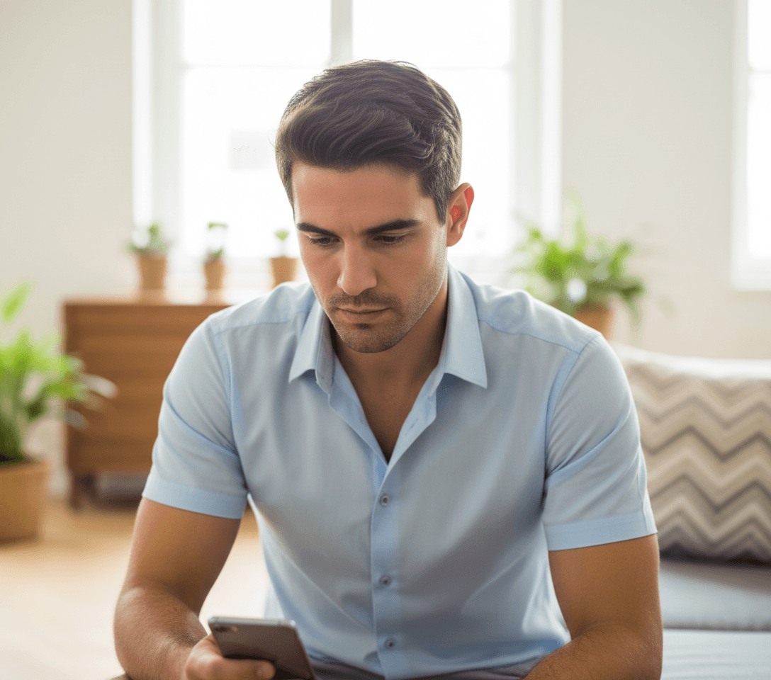 AI generated: In a bright living room. The Hispanic male is wearing a baby blue dress short sleeve shirt and gray ...