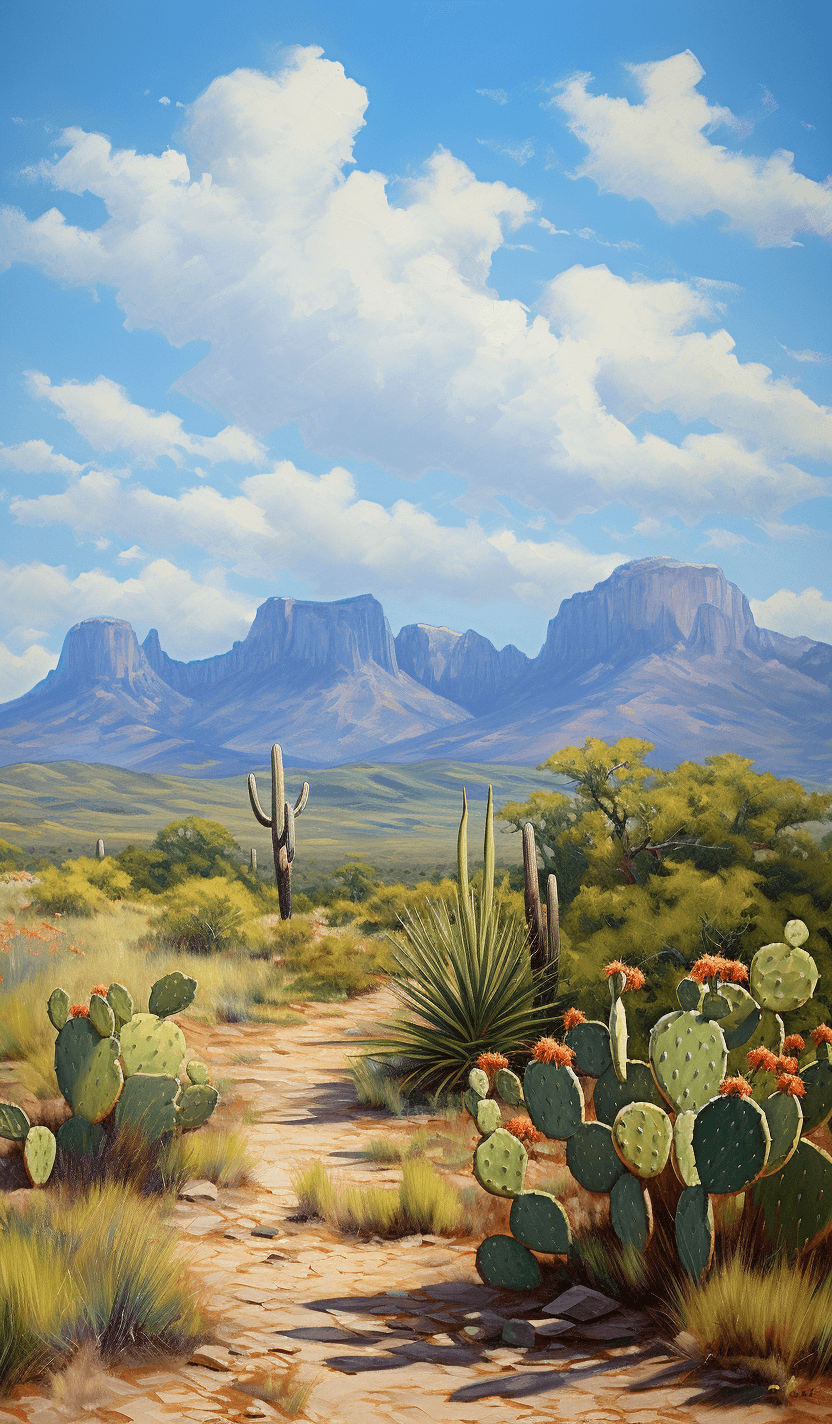 AI generated: A distant mountain peak in the Big Bonnet Mountains of west Texas, with desert plants and cacti dott...