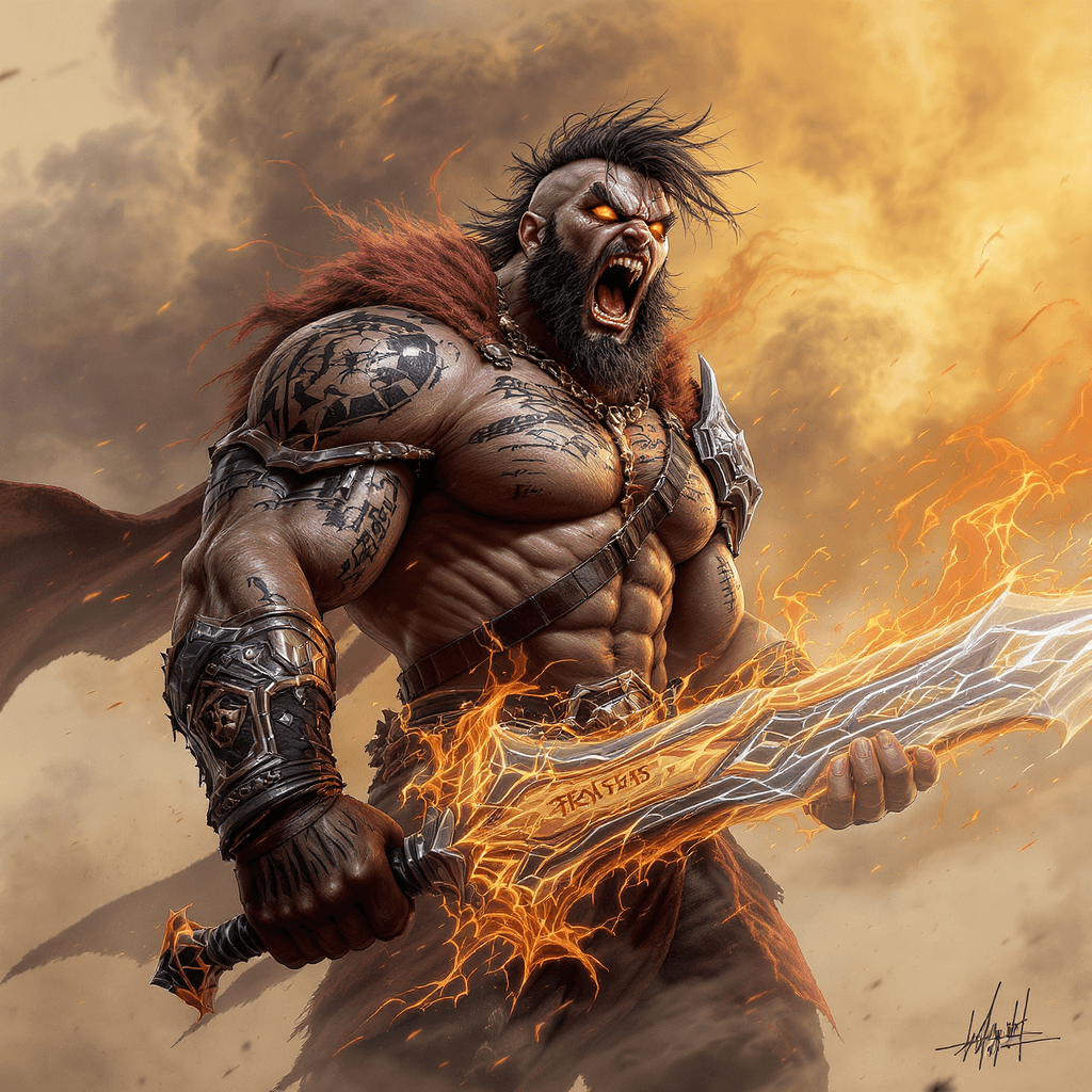 AI generated: A brave, muscular, punkish warrior with shaggy hair and tattoos chronicling his exploits. He holds a...