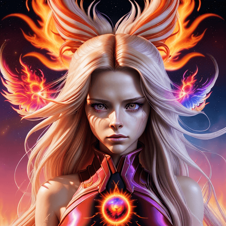 AI generated: female retrowave phoenix humanoid female Lindsay Wagner, flames, in final fantasy art style, epic, l...