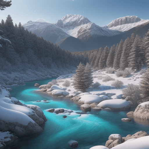 AI generated: Mediterranean landscape with mountains of high peaks and cold snow-capped ultra-realistic snow with ...