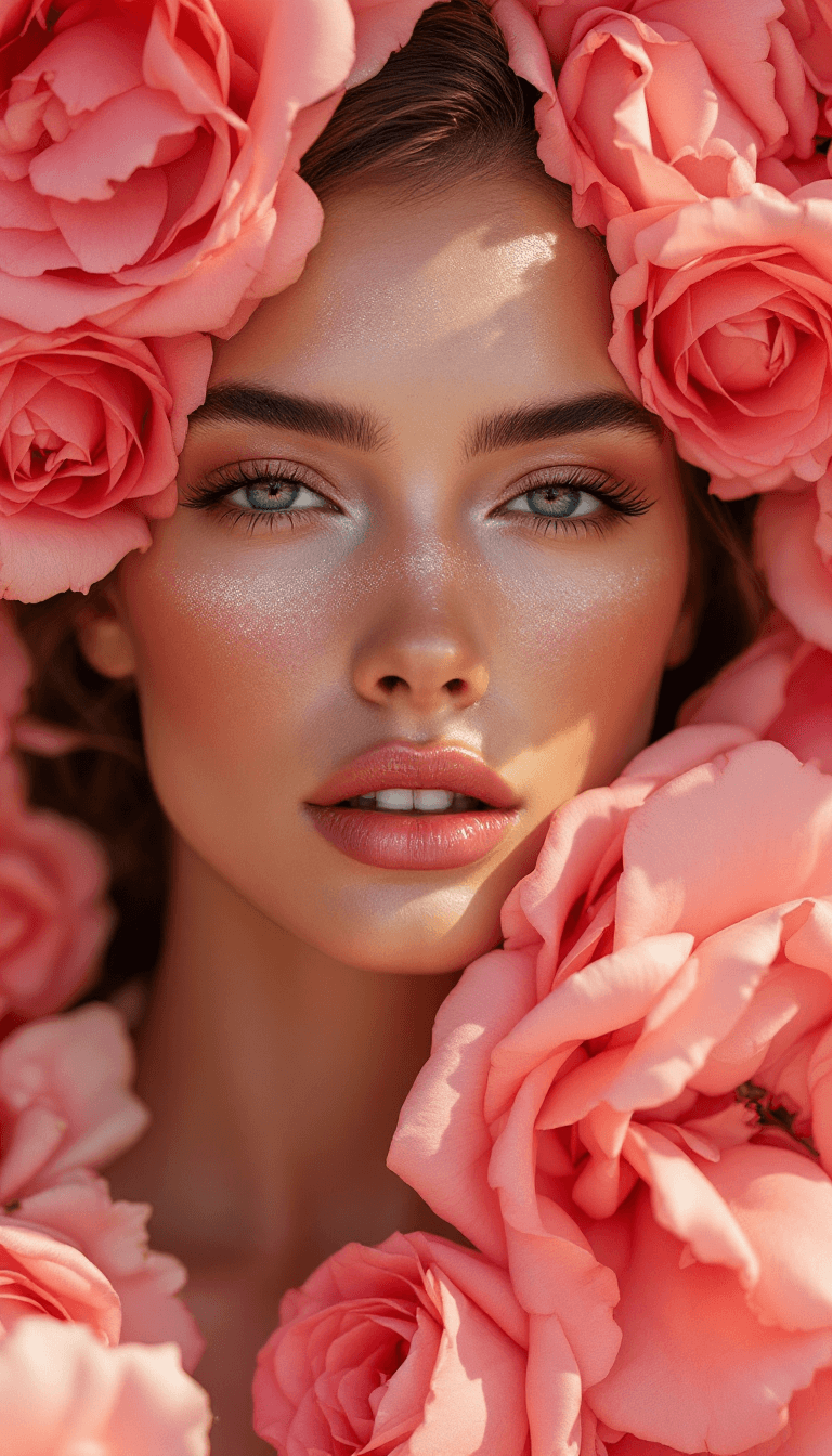 AI generated: high summer fashion editorial by will davidson in the rose fields of Oman, roses and petals, resort ...