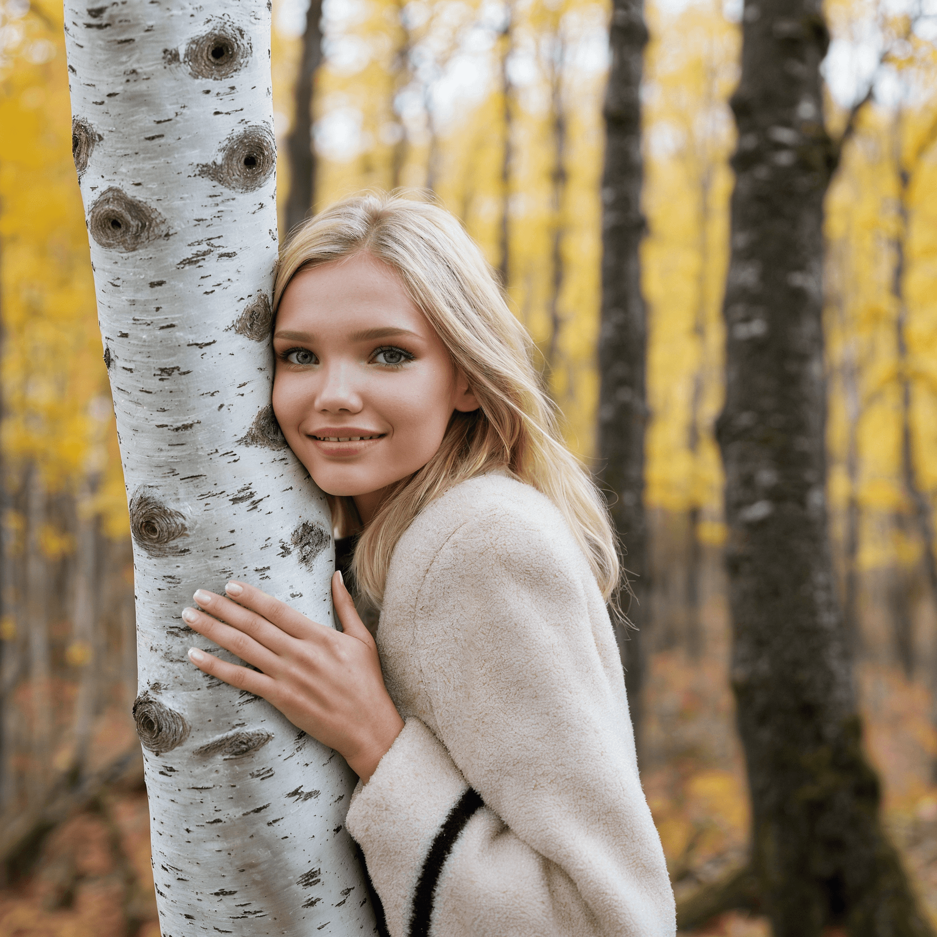 AI generated: a birch forest with lots of birches, closeup fashion photograph of a ((girl sasha luss, smokey eyes ...