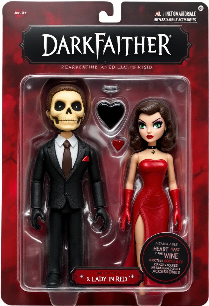 AI generated: A stylized collectible action figure in a toy package labeled "DARKFAITHER" for ages 18+, featuring ...