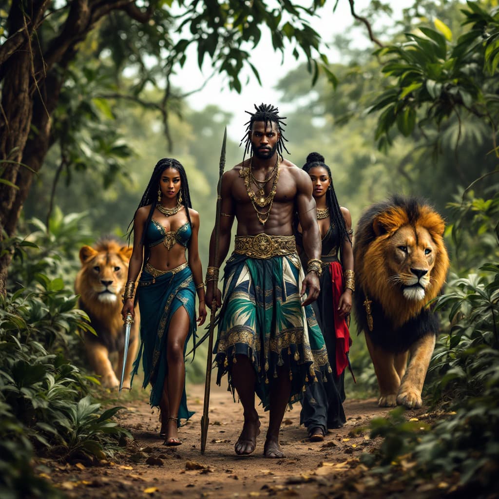 AI generated: 
a black man in a green , white and blue  skirt and gold belt holding a spear standing in the middle...