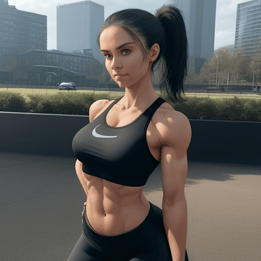 AI generated: A woman in black athletic wear stands outdoors, wearing a black sports bra and black leggings. Her l...