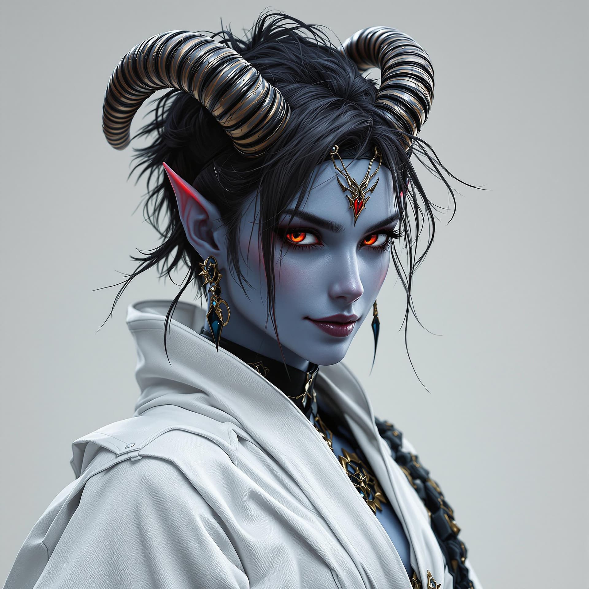 AI generated: ultra realistic female warlock, wearing white komono robe!!! short dark asymmetric messy hairdo!! bl...
