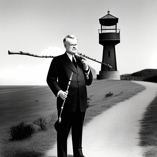 AI generated: President Herbert Hoover, smoking a piper, standing in front of watch tower